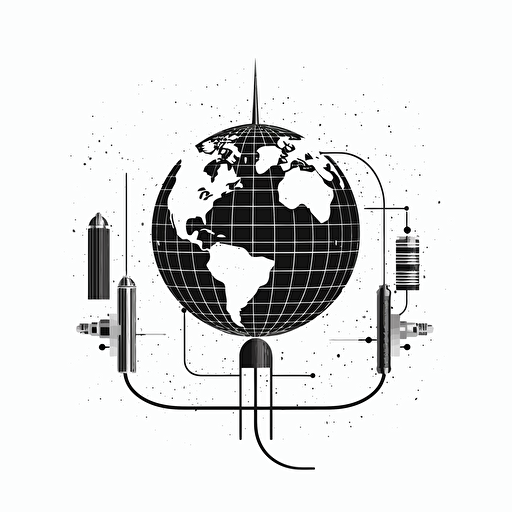 vector art, surreal design, cyber sigil, flat design, black and white, white background, a straight line of wires connecting a computer to a globe in a straight line