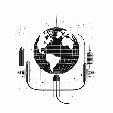 vector art, surreal design, cyber sigil, flat design, black and white, white background, a straight line of wires connecting a computer to a globe in a straight line