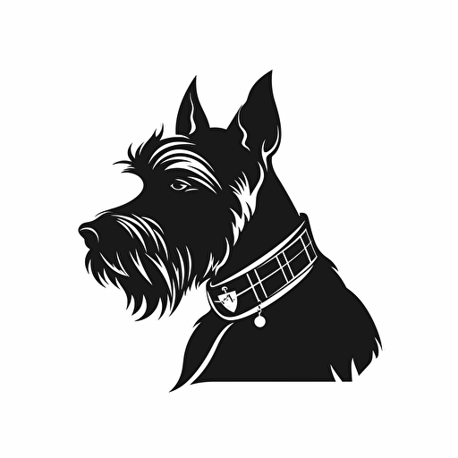 black scottish terrier with a white victorian ruffle collar, side profile, white background, vector logo