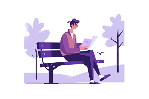 A young man reading a book, sitting on a park bench, sunny. Artsy flat vector illustration, light purples, white background