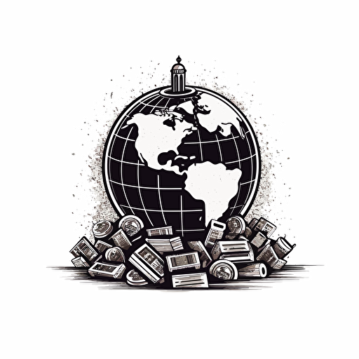 retro pictorial iconic logo of globe sitting in a pile of money. black vector. white background.