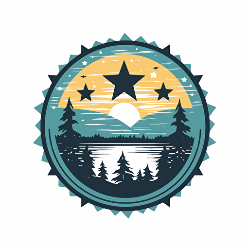 5 point star in the sky over a lake, pine trees, sketch art, logo design, vector style image, adobe illustrator style design, minimalistc, inspirational,