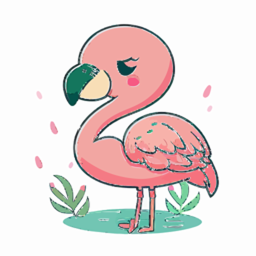 Vector cute kawaii flamingo, white background, pastel colors,winking,looking at the camera,thick legs ,clip art,no background
