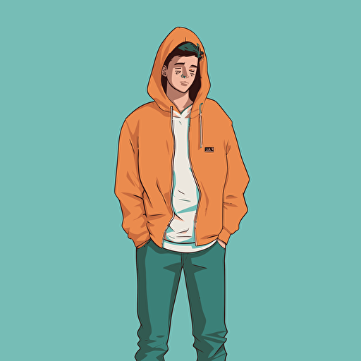 student wearing hoodie by tim lahan, flat colors, three quarter pose, 2d vector art