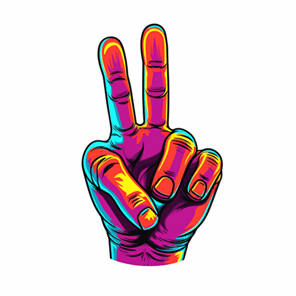 peace sign hand gesture The V sign is a hand gesture in which the index and middle fingers are raised and parted to make a V shape while the other fingers are clenched tie dye bright vivid colors retro illustration vector retro cartoon style sticker
