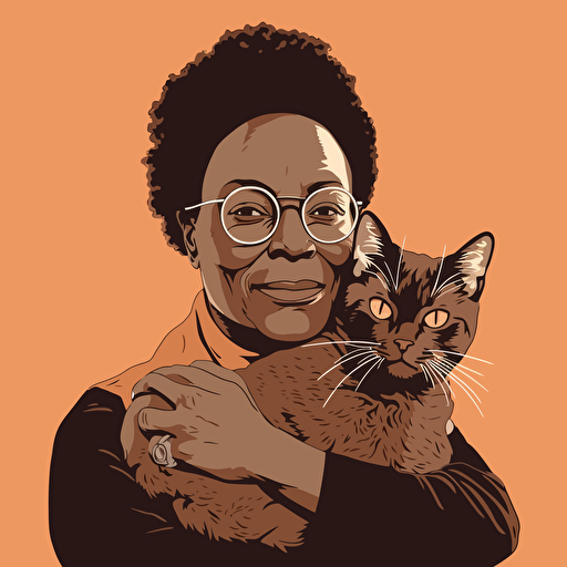 vector art style, 52 year old black female, thick rim glasses, holding a cat, in the style of Michael Parks