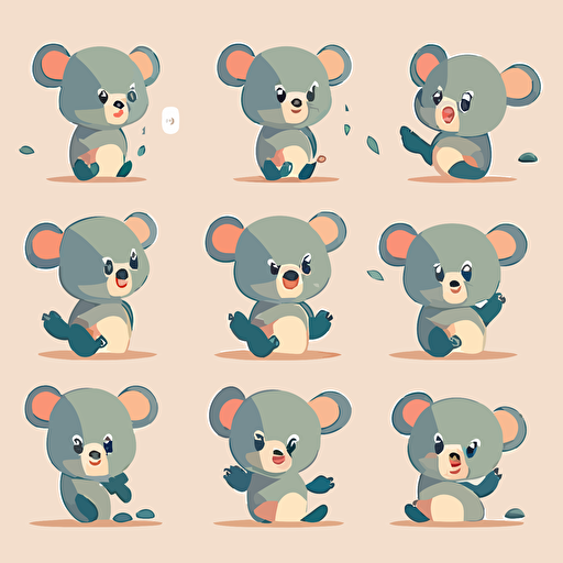 little koala bear, multiple poses and expressions ,children's book illustration style, simple, cute, full color, flat color,vector
