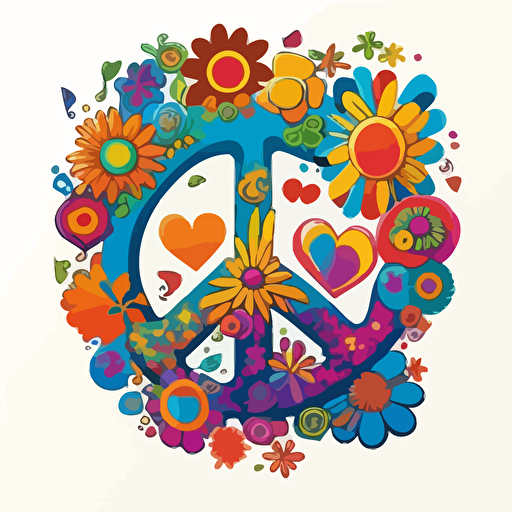 colorful, rainbow doodle style 1960's hippie design with hearts and peace signs and flowers, vector style on a white background
