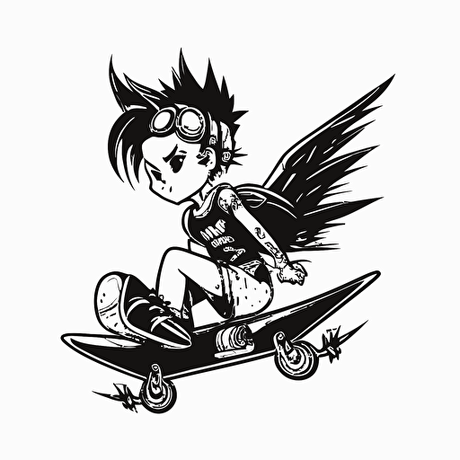 punk rock fairy riding a skateboard, vector logo, vector art, emblem, simple cartoon, 2d, no text, white background