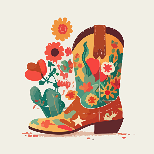 brightly colored cowgirl boots in cartoon style drawing with hearts and flowers on a white background flat vector drawing