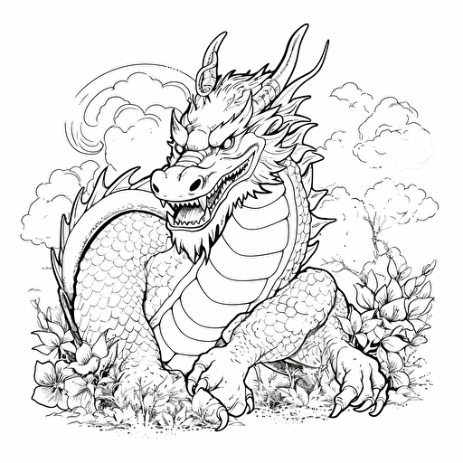 dragon Japanese style No Shadow Cartoon Coloring page Vector Simple
