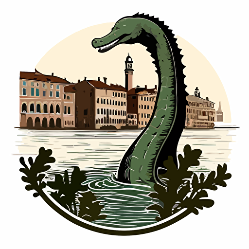 lochness monster in the canals of venice, vector logo, vector art, emblem, simple cartoon, 2d, no text, white background