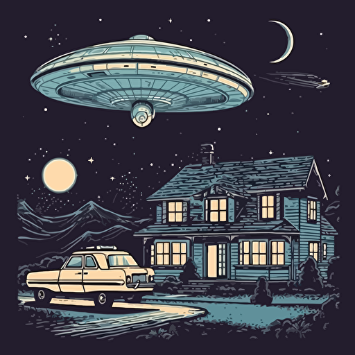 ufo pizza delivery, design, suburban night scene, retro, 2d, vector, white background