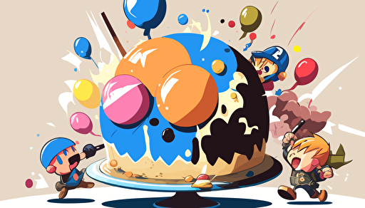 super smash bros around a birthday cake, with balloons, vector art, flat background