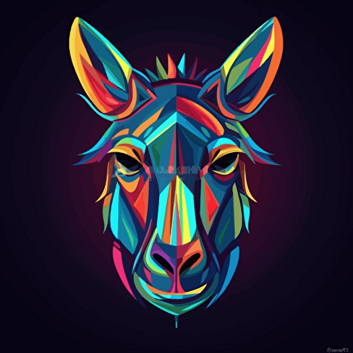 abstract disco donkey head, vivid colors, aggressive cartoon style, stylized, logo design, vector render, company logo,
