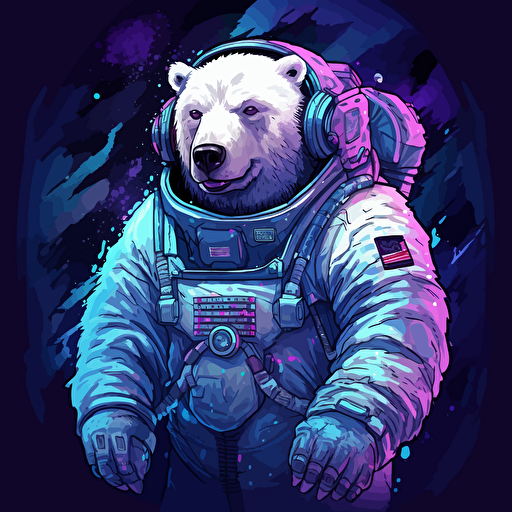 a friendly looking polar bear in a futuristic space suit, using a computer that's emanating a powerful force, purple blue colors, vector style, corporate logo, clean look, detailed