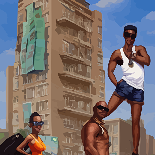 highly detailed portrait black men harlem wearing white tank shades counting stack money project building sexy black woman wearing blue shorts walks past highly detailed 2d game fanart behance hd jesper ejsing rhads makoto shinkaih lois van baarle ilya kuvshinov rossdraws global illumination cinematic hyper reslistic depth field high definition 8k resolution octane renderer artstation