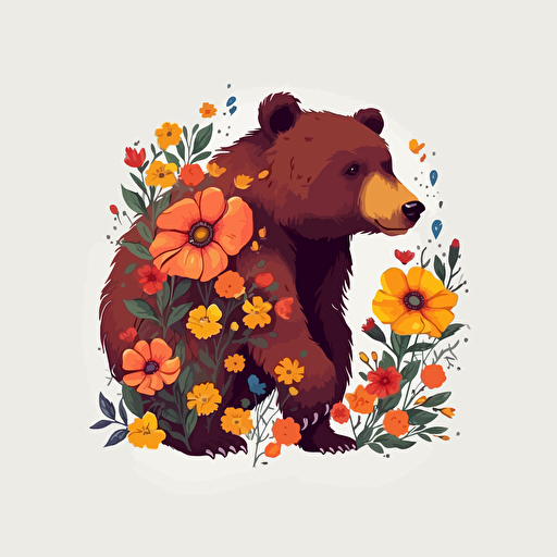 bear, flowers, detailed, cartoon style, 2d clipart vector, creative and imaginative, hd, white background