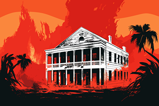 plantation house on fire, vector, gritty, detailed, red background,