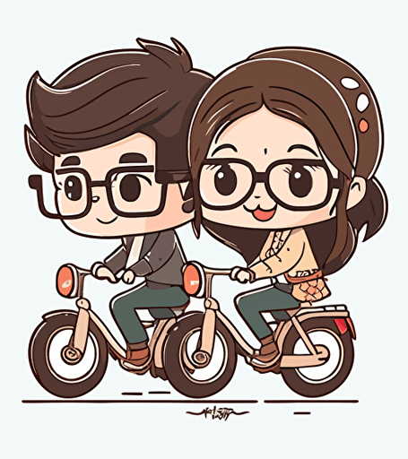 cute chibi couple riding bicycle, illustration pencil style, animation illustration style, minimalistic compositions, white background, cartoon illustration, looking happy and smile, male riding bicyle wearing glasses, female sits behind the bicycle holding not wearing glasses, Natalia Skripko vector illustration style,