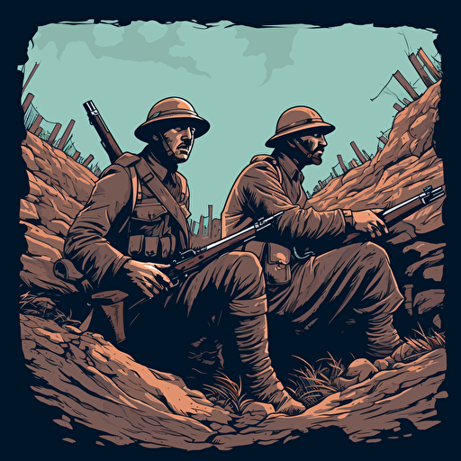 two sad soldiers world war I , looking down , holding their guns with bayonette, in the trenches with helmets, 16:9 format, illustration vectorial style, limited color palette