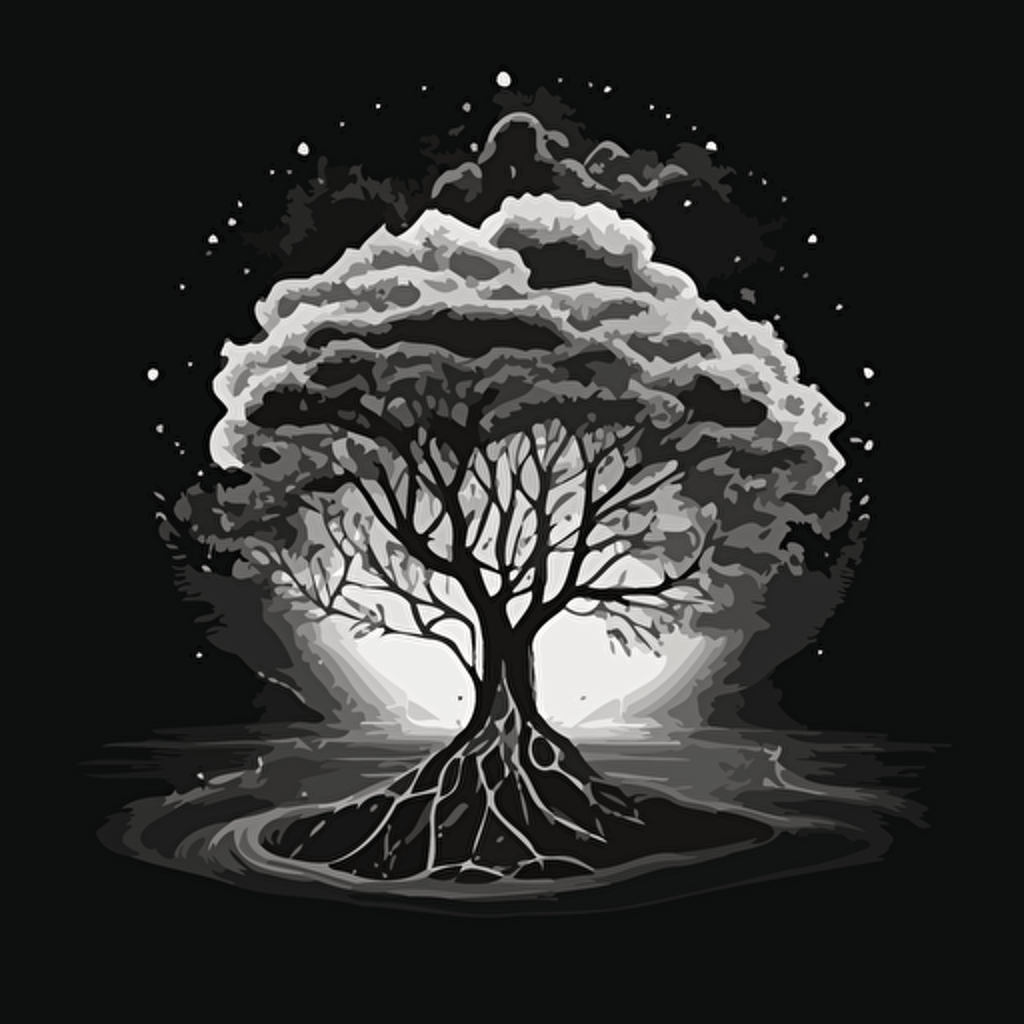 white and black vector image of magical tree surrounded by a forcefield