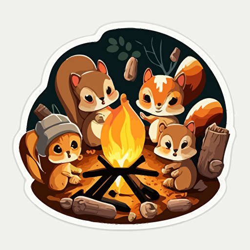 cute cartoon squirrels gathered around campfire vector art sticker