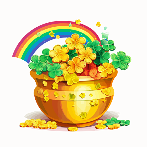 rainbow pot of gold, flowers, detailed, cartoon style, 2d clipart vector, creative and imaginative, hd, white background