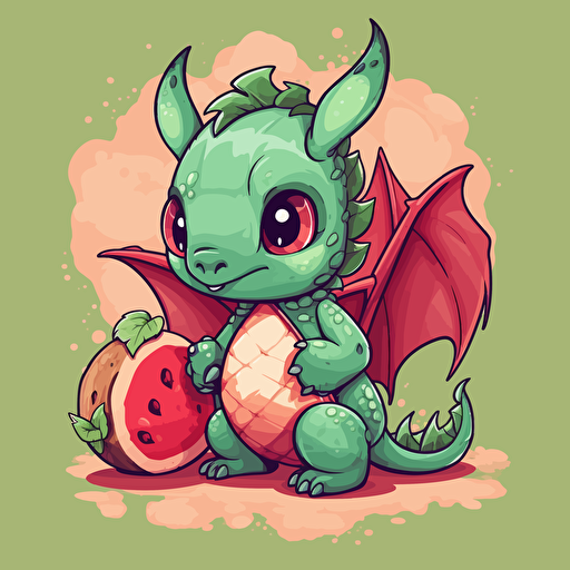 little dragon with a watermelon, cartoon, vector style