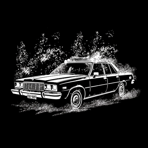 police car on fire in Mile Giants style of drawing, white on black background, no shading, 2D, vector,