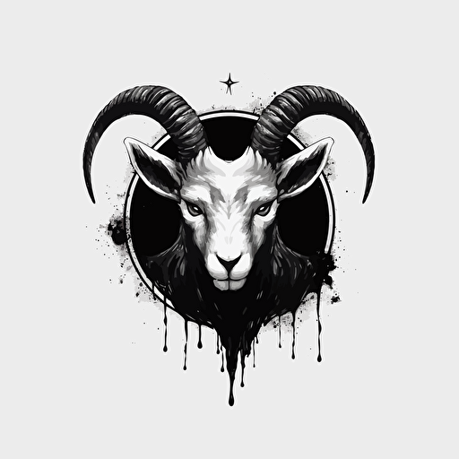 flat vector, logo, black and white, ink style, black moon, goat eye, moon, three black tears