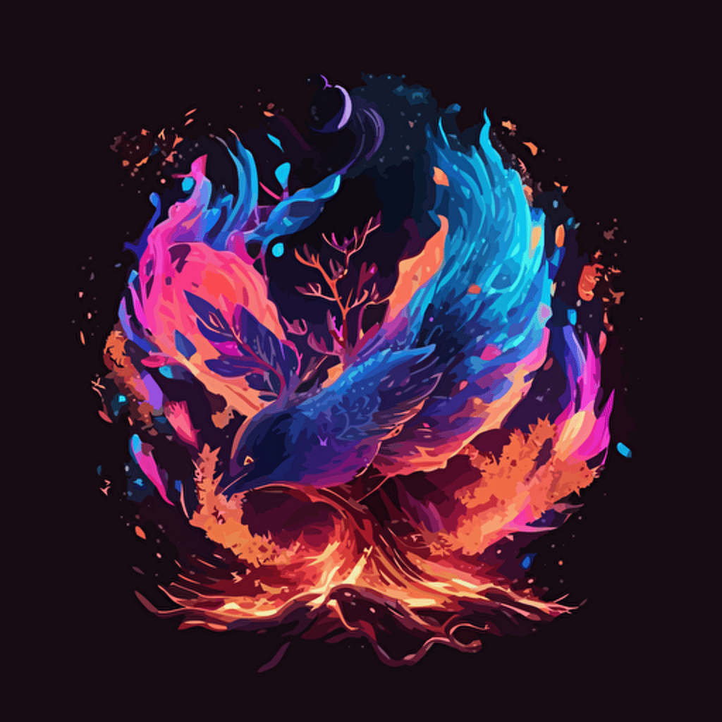 phoenix rebirthing and rising from the ashes through consciosuness expansion. Neon pink and blue fire, galaxy golden light black vector illustration