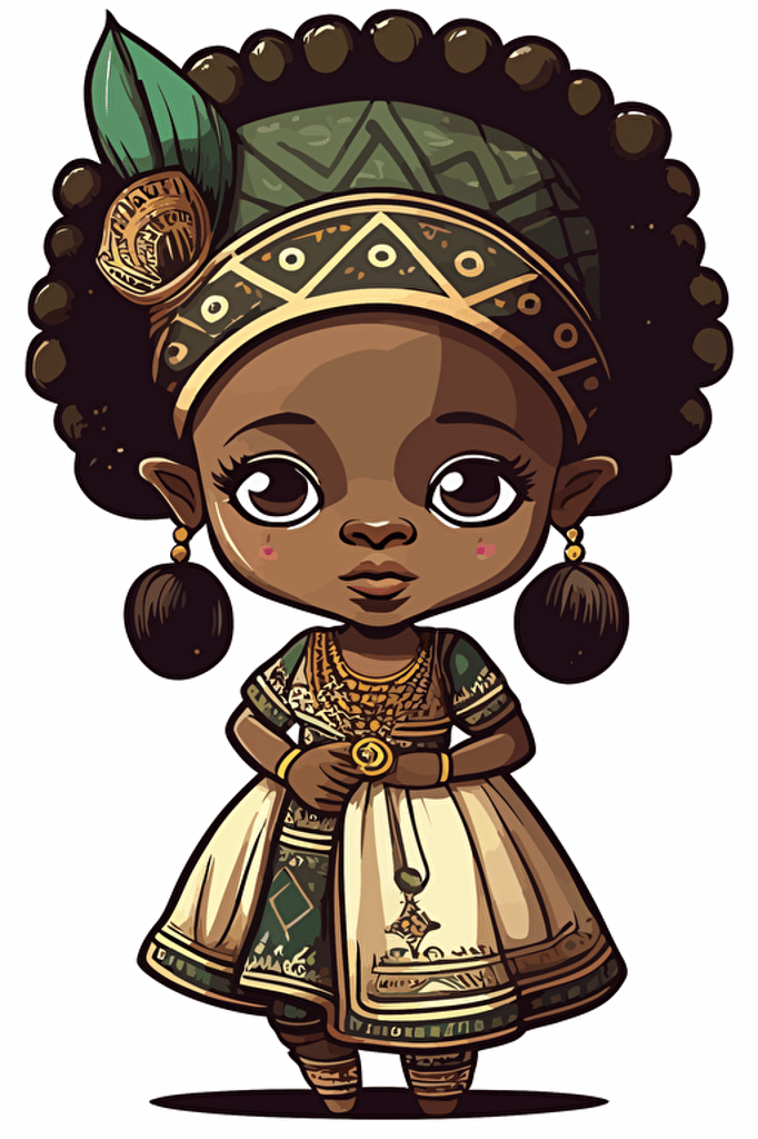 cute princess of a fictional african kingdom wearing national garment, pdf vector drawing, doodle style