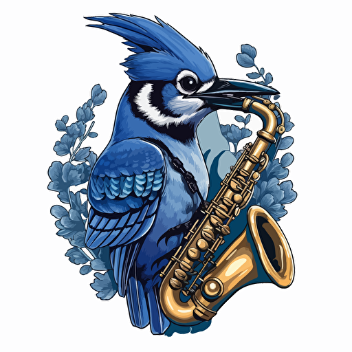 blue jay playing a saxaphone in the style of vector art 2D illustraion clip art.