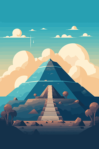 front view of teotihuacan, blue sky, vector design, minimalist, flat