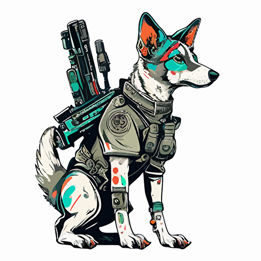 futuristic soldier dog with pistols, Sticker, Hopeful, Tertiary Color, mural art style, Contour, Vector, White Background, Detailed, cut out