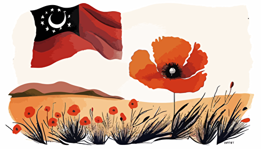 Australian flag in a red poppy field, watercolour, minimalist, vector, contour