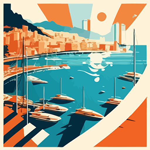 vector image of Monaco harbour, lined with yachts, using only orange and blue colours, simple cartoon style shading, very simple, blue skies, hill, grand prix