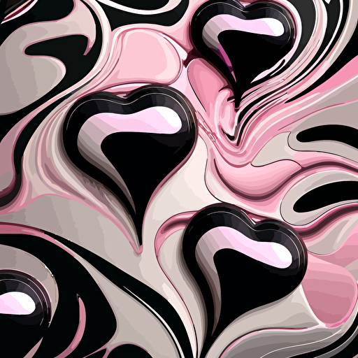 liquid pink, black, and silver marble with subtle heart shapes in pattern, flat vector art