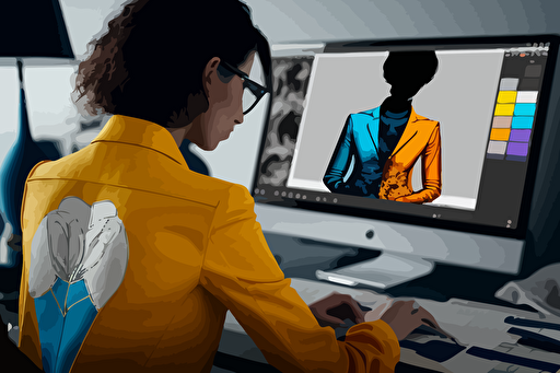 A person designing a logo at the center of the image using illustrations, vectoral, a fashion color palette, in 12k UHD