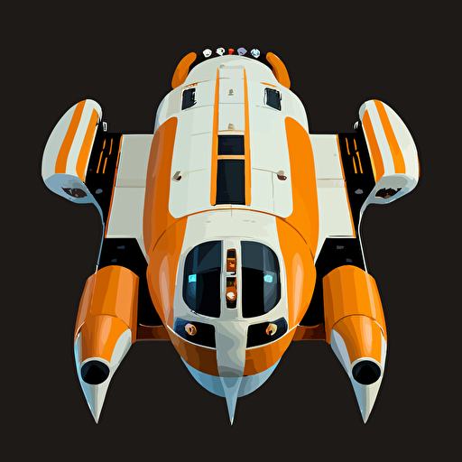 orange and white space ship on black background, top-down view, clean, simple, no shadows, vector