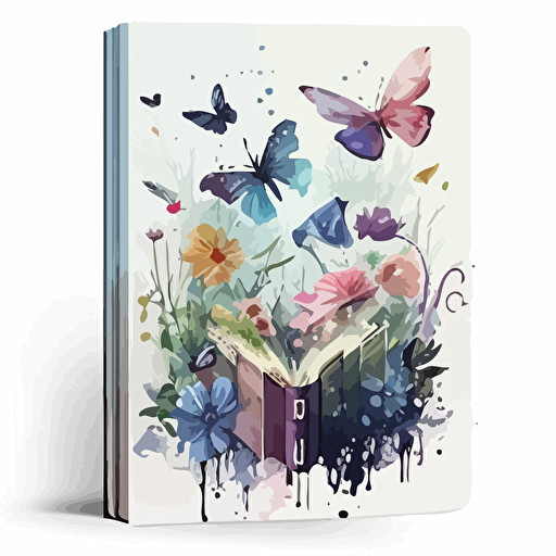 watercolor vector art, pastel abstract, cozy Cottagecore books flowers butterflies, joyful, watercolor, butterfly, garden, flowers