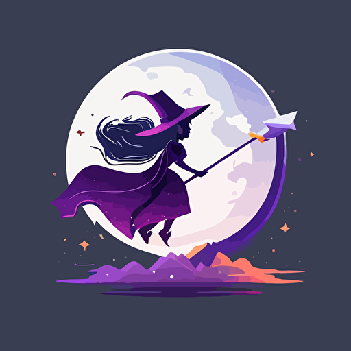 a playful vector logo illustration with a full moon and a witch broom that is like a rocket, minimalist, vector design, purple and silver, flat colors, large file, full res, AI
