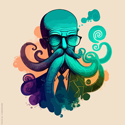 Octopus with a cool Moustache smoking, Chill, warm and cold colours, Digital Art, Contour, Vector, White background, minimal
