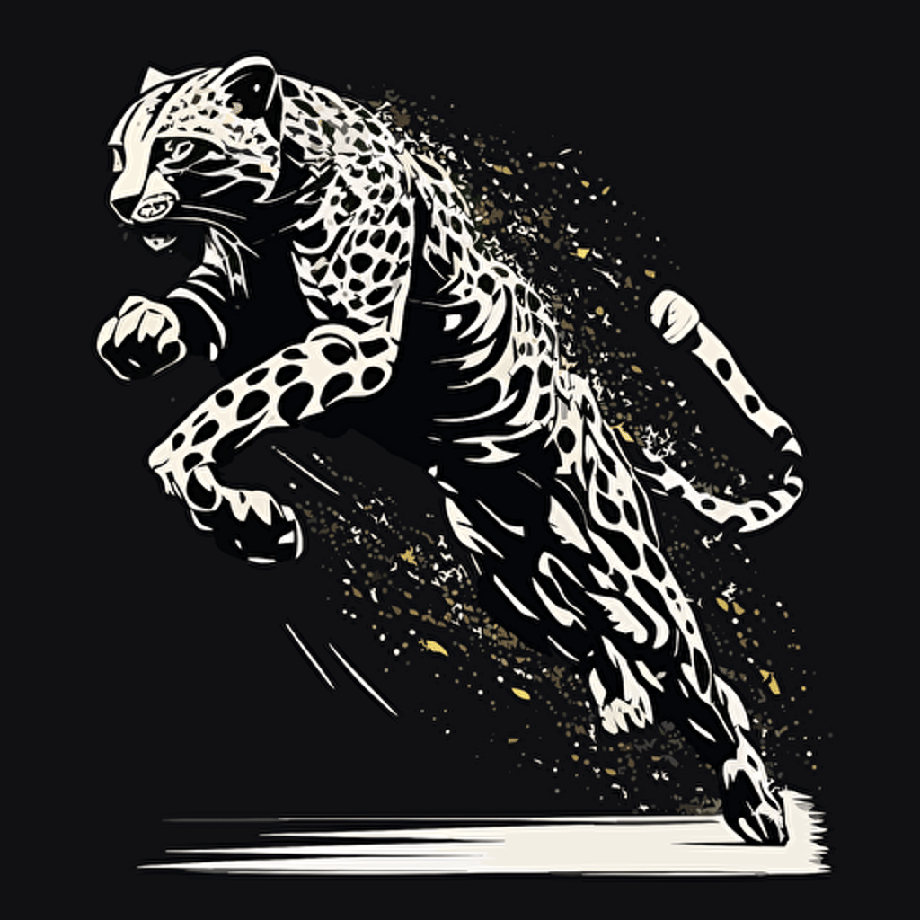 an uncluttered illustration with a leopard, it is the club's mascot. Represent the whole body of the animal running. 80s spirit, vector, in black and white, flat 2d