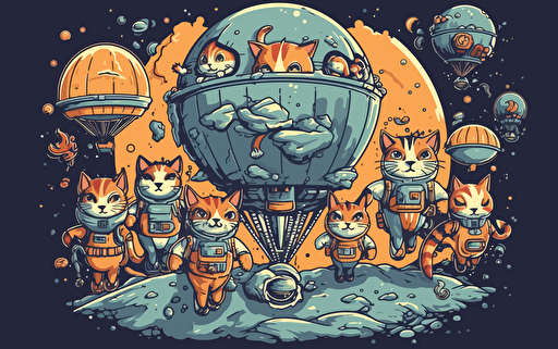 cartoon of a group of anthromoporphic cats dressed in sci-fi battle gear going on an adventure parachuting into an alien planet from their spaceship planets behind them, 2d, vector, hand drawn illustration, nft collection