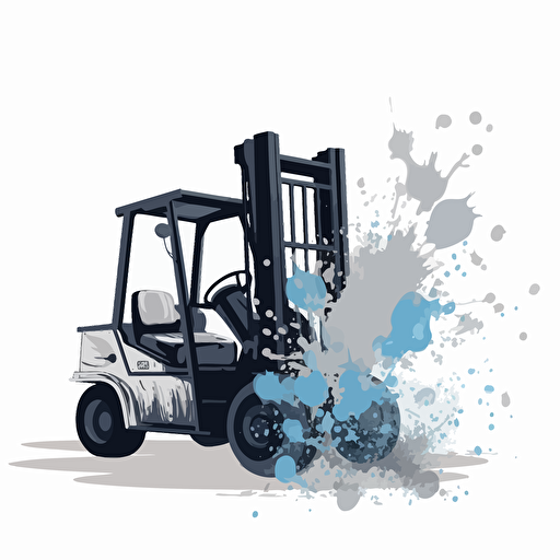 a forklift with splash of dust showing it in action, colored cartoon style, flat design vector, blue, off grey, white, off black, white background, ar 1:1
