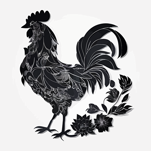 rooster made of flowers, Sticker, Adorable, Dark, kinetic art style, Contour, Vector, White Background, Detailed