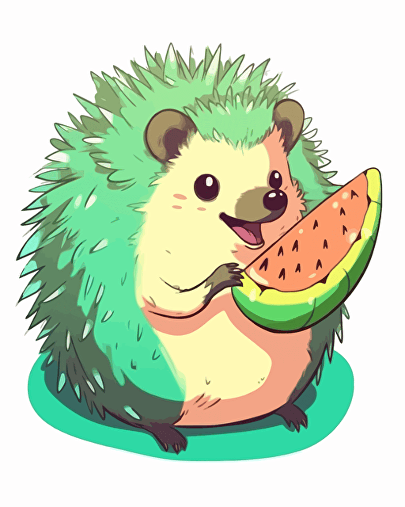 hedgehog eating watermalon, minimalistic, retro aesthetics, vector image, sticker, pastel pantone colors, white background