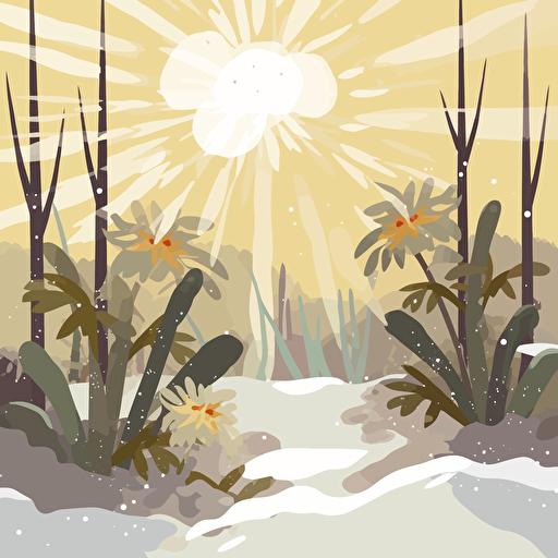 the sun shining down melting snow off of the trees and plants in a garden. Vector illustration